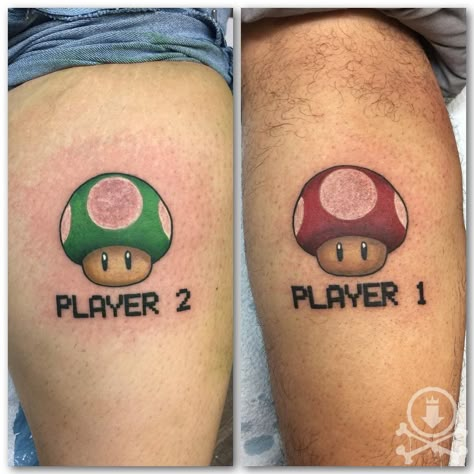 Mario 1 Up Tattoo, Super Mario Matching Tattoos, Mario Bros Mushroom Tattoo, Mario Brother Tattoos, Mario Small Tattoo, Mario Art Tattoo, Mario Couple Tattoos, Matching Nintendo Tattoos, Mario Matching Tattoos