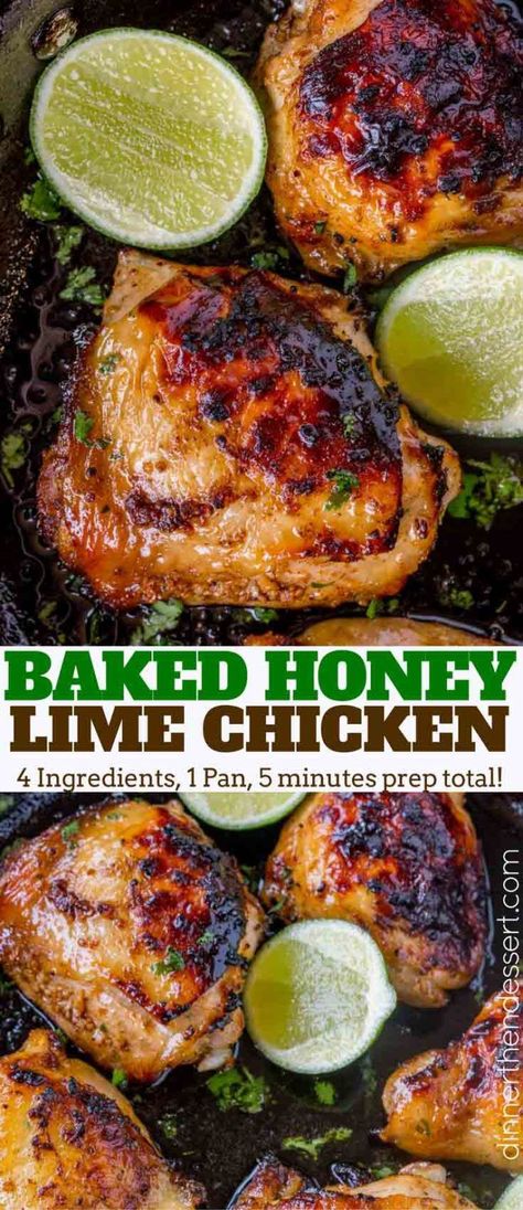 Baked Honey Lime Chicken with just 4 total ingredients browned then baked in the same skillet and the results are crispy, citrusy, sweet and tender.  Baked Honey Lime Chicken Baked Honey Lime Chicken is packed with flavor with practically no effort whatsoever and just a small handful of ingredients. This dish is one of our … Skillet Hot Honey Chicken With Hearty Greens, Honey Citrus Chicken, Lime Chicken Thigh Recipes, Spicy Honey Lime Chicken, Baked Chicken Hindquarters, Mojito Lime Chicken, Lime Chicken Recipes, Honey Lime Chicken, Chicken Thigh Recipes Oven