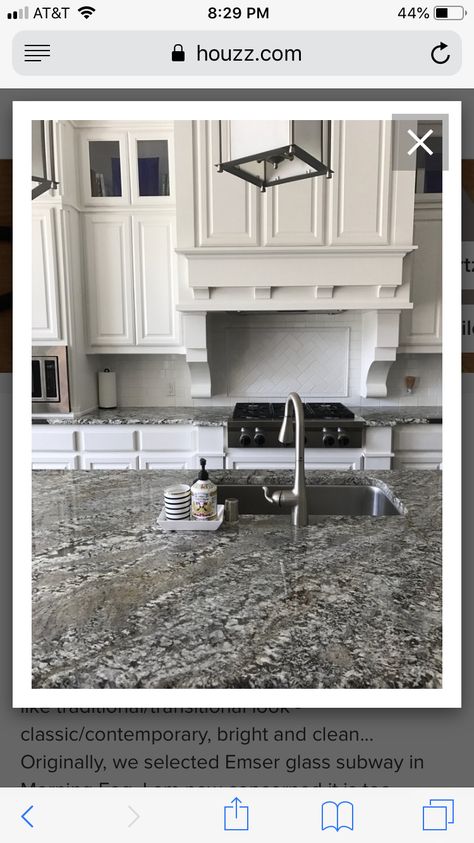 Lennon Granite with white subway Lennon Granite, Remodel Kitchen, Kitchen Tile, Farmhouse Kitchen, Kitchen Remodel, Kitchen Dining, Kitchen Cabinets, Tile, Farmhouse