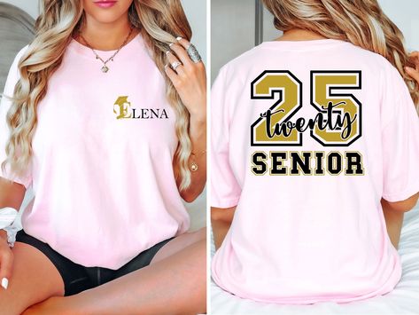 "Custom Senior 2025 Shirt, Graduation 2025 Shirt, Graduation Gift, Back and front Senior Shirts, School Gifts, 2025 High School Shirts HOW TO ORDER 1 - Please check and review all listing photos. 2 - Please pick your t-shirt type and size. 3 -  Please pick your t-shirt color. 4 - Select the quantity. 5 - Click add to cart. 6 - Please click \"Continue to Payment\". PRODUCT INFORMATION ⭐ We have a size chart on our listing photos ⭐ All our simple color ones like White and Black are 100% Cotton ⭐ A Senior Tshirts 2025, Senior Night Shirt Ideas, Senior Tshirts Ideas, Senior Shirt Ideas 2025 Trendy, Senior 2025 Shirts, Senior Cheer Shirts, Senior Shirts Ideas 2025, Senior Shirt Ideas 2021, Class Of 2025 Shirt Ideas