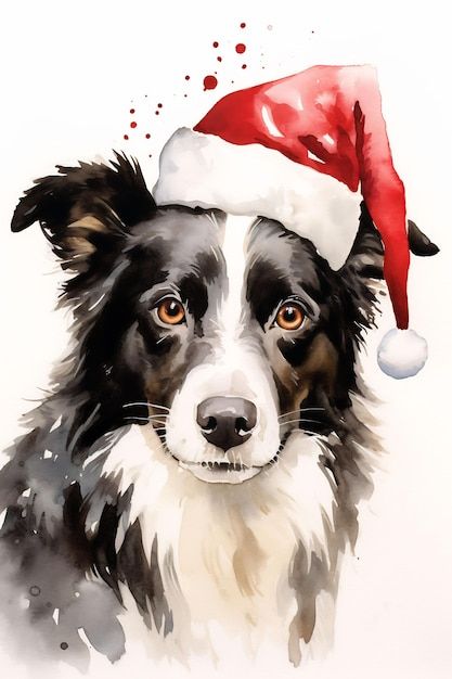 Watercolor Dog Christmas Card, Christmas Dog Watercolor, Border Collie Christmas, Christmas Dog Painting, Christmas Card With Dog, Christmas Card Dog, Christmas Dog Drawing, Abstract Christmas Art, Christmas Dog Photography