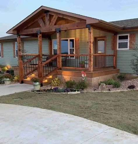 Adding Porch To Mobile Home, Remodeled Manufactured Homes, Mobile Home Siding Ideas Exterior Colors, Upgrade Mobile Home, Porch For Mobile Home, Manufactured Home Remodel Exterior, Mobile Home Decks And Porches, Manufactured Home Porch Ideas, Mobile Home Landscaping Ideas