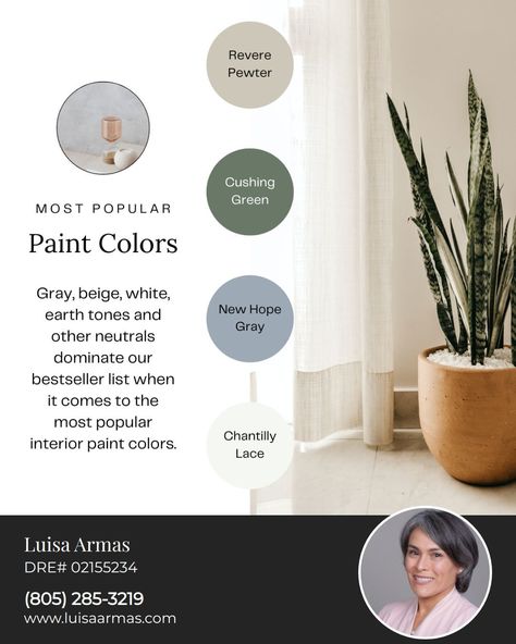 Thinking about a fresh coat of paint? 🎨 Here are some colors making a splash in homes everywhere: 🖌 Revere Pewter - the perfect warm gray 🖌 Cushing Green - for a serene, nature-inspired vibe 🖌 New Home Gray - a versatile neutral 🖌 Chantilly Lace - a timeless, clean white Which shade speaks to you? Comment below! #painttrends #homeinspiration #interiorstyling #colorfulhomes #designtips #youventuracountyagent #luisaarmas #yourventuracounty Most Popular Paint Colors, Paint Trends, Revere Pewter, Popular Paint Colors, Design Hack, Interior Paint Colors, Chantilly Lace, Warm Grey, Interior Paint