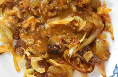 Beef Liver and Onions with Gravy Recipe - These Old Cookbooks Liver And Onions With Gravy, Beef Liver And Onions Recipe, Beef Liver And Onions, Liver And Onions Recipe, Baked Candied Yams, Macaroni And Tomatoes, Beef Tips And Rice, Fried Liver, Eggplant Casserole