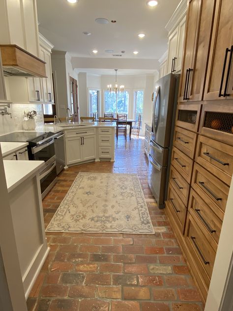 Red Brick Kitchen Floor, Brick Floor Entry, Brick Tile Kitchen Floor, Brick Kitchen Floors, Brick In The Kitchen, Brick Kitchen Floor, Red Brick Kitchen, Brick Tiles Kitchen, Classic Modern Farmhouse