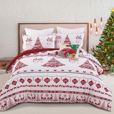 Christmas Duvet Cover Set Queen Reindeer Comforter Cover Set 3 Pieces Xmas Tree Bell Bedding Cover with Zipper Closure for New Year Holidy(1 Duvet Cover, 2 Pillow Shams) Festive Bedding, Holiday Bed, Christmas Duvet Cover, Christmas Duvet, Gingerbread Man Christmas, Luxury Bed Sheets, Winter Bedding, Christmas Festival, Bedroom Decor Cozy