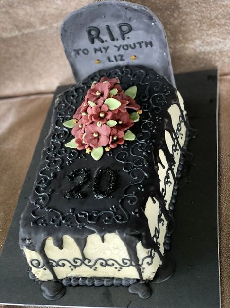 30th Rip Birthday, Halloween 50th Birthday Cakes, Rip Cake Birthday, Guys 30th Birthday Ideas Turning 30, Halloween 40th Birthday Cakes, 30th Birthday Cake Rip 20s, 30th Birthday Coffin Cake, Womans 50th Birthday Cake Ideas, Halloween 30th Birthday Cake