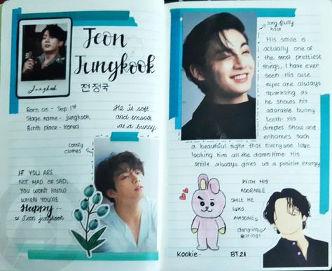 jungkook ..with a auspicios smile.. Jeon Jungkook Journal Ideas, Jungkook Scrapbook Ideas, Jungkook Diary Ideas, Jungkook Journal Ideas, Jungkook Journal, Bts Diary, Bts Ages, Bts Journal, Bullet Journal Cover Ideas