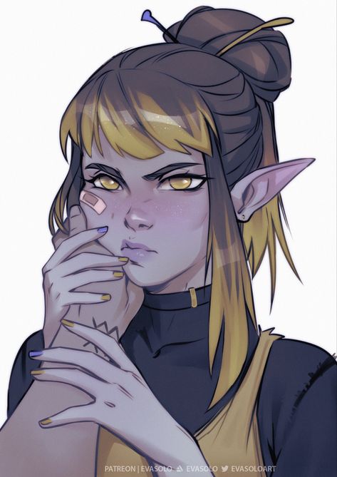 A cute elf girl with dyed yellow highlights is annoyed someone is pinching her cheeks Touch My Heart, Evelynn League Of Legends, Dungeons And Dragons Characters, Dnd Art, Female Character Design, Character Creation, Dnd Characters, Character Portraits, Fantasy Character Design