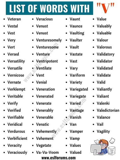 Words that Start with V | List of 260+ V Words in English with ESL Pictures Scrabble Tips, Best Scrabble Words, Acronym Words, Scrabble Words, V Words, Korean Language Learning, Interesting English Words, Good Vocabulary Words, Good Vocabulary