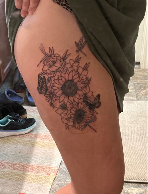 Sunflower And Dragonfly Tattoo, Magnolia Garden, Butterflies And Dragonflies, Dragon Flys, Magnolia Gardens, Dragonfly Tattoo, Garden Rose, Sunflower Tattoo, Thigh Tattoo