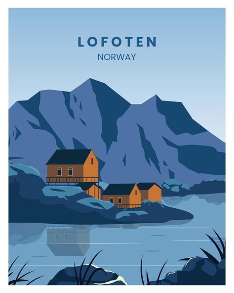 lofoten Norway landscape background.Bay view with buildings vector illustration. suitable for poster, postcard, art print. Minimal Digital Art, Norway Landscape, Landscape Study, Scandinavian Poster, Lofoten Norway, Book Graphic, Postcard Art, Poster Travel, Landscape Background