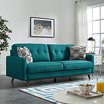 AmazonSmile: Modway Prompt Mid-Century Modern Fabric Upholstered Tufted Sofa In Teal: Home & Kitchen Teal Couch, Turquoise Sofa, Small Living Space, Teal Living Rooms, Cheap Living, Teal Sofa, Mid Century Modern Fabric, Mid Century Modern Sofa, Inexpensive Furniture