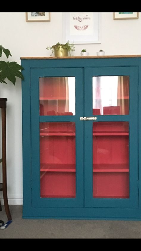 Bringing a splash of colour to my old cupboard with Vintage with grace chalk paint in Daresbury Cupboard Colour, Cupboard Makeover, Old Cupboard, Cupboard Colors, Painted China Cabinets, Vintage Cupboard, Colourful Living Room Decor, Art Studio Space, Antique Cupboard