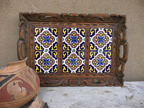 Tile Inlay, Vintage Serving Trays, Carved Wood Frame, Wood Serving Tray, 70s Decor, Mexican Tile, Colourful Tile, Wooden Serving Trays, Vintage Trays