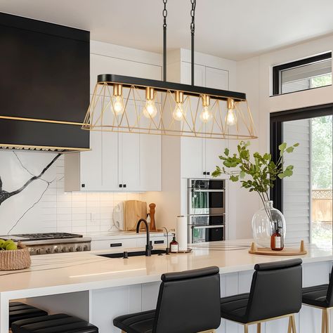 Black And Gold Linear Chandelier, Gold Kitchen Island Lighting, Kitchen Chandelier Island, Black Home Interior, Black Gold Kitchen, Gold Kitchen Island, Geometric Line Design, Island Lighting Modern, Linear Pendant Lighting