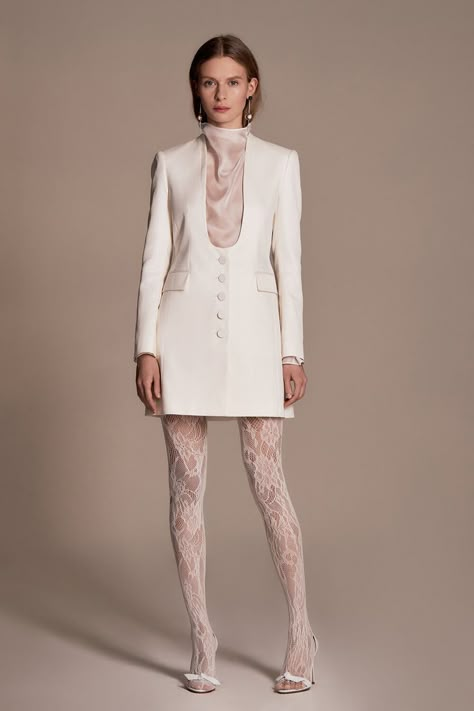 This tailored blazer dress is a cool and classic take on modern bridal. Click the link for more details. Blazer Wedding Dress, White Stockings Outfit, White Tights Outfit, White Hose, Quinceanera Dresses Black, Off White Wedding, Tights Outfits, Purple Quinceanera Dresses, Black Quinceanera Dresses