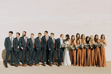 Phoenix Fall Wedding at The Icehouse - arraydesignaz.com Groomsman Terracotta, Terracotta Bridesmaid Dress With Groomsmen, Terrocata Color Palette Wedding, Wedding Party Attire Color Schemes Fall, Terracotta Bridesmaid Dresses With Groomsmen, Terracotta Wedding Groomsmen Attire, Terrocata Bridesmaid Dress, Burnt Orange Tie Groomsmen, Terracotta And Taupe Wedding