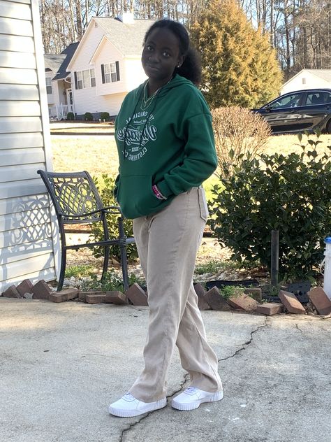 fit inspo , green sweatshirt , tan corduroy pants, black girl school outfits , instagram Corduroy Pants Outfit Black, Green Corduroy Pants Outfit, Girl School Outfits, Corduroy Pants Black, Tan Corduroy Pants, Corduroy Pants Outfit, Green Corduroy Pants, Green Sweatshirt, Fit Inspo