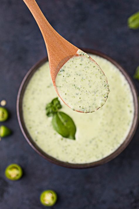 Spicy Basil-Cream Sauce - Recipe - Chili Pepper Madness Basil Cream Sauce, Stomach Rumbling, Hot Sandwich Recipes, Serrano Peppers, Chili Pepper Recipes, Yogurt Honey, Cream Sauce Recipe, Jalapeno Sauce, Keto Sauces