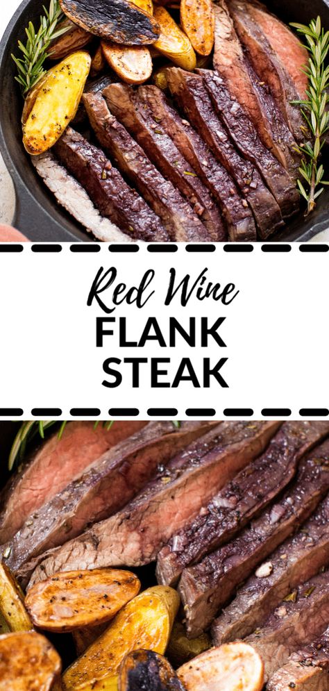 This Broiled Flank Steak recipe is made with a red wine marinade, cooked to perfection and broiled in the oven and is an easy and healthy dinner. Serve with your sides of choice, I recommend fingerling potatoes and a green veggie. Be sure to watch the recipe video too! #flanksteak #broil #bakedflanksteak #healthydinner #potatoes #sidedishes #dinner #marinade #redwine #redwinemarinade #redwinereduction How To Cook Flank Steak In The Oven, Recipe Flank Steak, Flank Steak Oven, Red Wine Marinade, Broil Flank Steak, Balsamic Flank Steak, How To Reheat Steak, Wine Marinade, Flank Steak Recipe