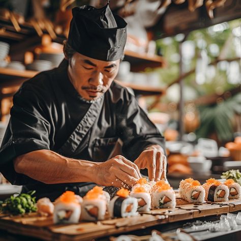 "Sushi Chef Working: A skilled #SushiMaster carefully prepares fresh sushi rolls at a traditional #JapaneseCuisine #CulinaryArts restaurant. #Gourmet #AIimage #StockPhotography ⬇️ Download and 📝 Prompt 👉 https://stockcake.com/i/sushi-chef-working_356680_380835". Traditional Japanese Restaurant, Chef Working, Sushi Shop, Sushi Master, Apple Christmas, Asian Restaurant, Chef Work, Sushi Chef, Japanese Chef