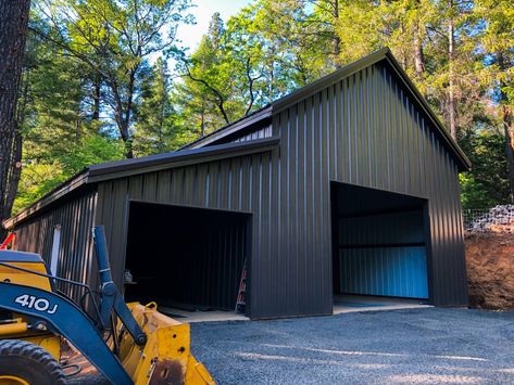 Modern Workshop, Metal Garage Buildings, Metal Shop Building, Pole Barn Garage, Metal Building Kits, Metal Building Designs, Garage Diy, Garage Addition, Building A Garage