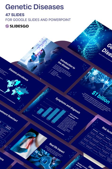 Genetic Diseases Health Powerpoint, Neon Futuristic, Dna Genetics, Genetic Diseases, Health Disease, Medical Health, Power Point Template, Grafic Design, Blue Gradient