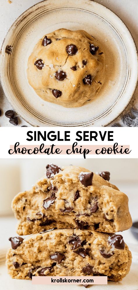 A giant, thick, chocolatey Single Serve Chocolate Chip Cookie. Unbelievably delicious, made in one bowl, gooey, soft and so easy to make! Aka Cookies, Single Serve Chocolate Chip Cookie, Krolls Korner, Chocolate Chip Cookies Bars, Individual Treats, Recipes For One Person, Cookies With Chips, Single Serve Cookie, Bakery Style Cookies