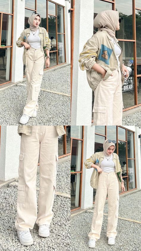 Styling Cream Pants, Cargo Cream Pants Outfit, Ide Outfit Simple, Ootd 90s Style Hijab, Cargo Style Outfit Ideas, Ootd Celana Cream, Ootd Cargo Pants Hijab, Ootd Vintage Hijab Casual, Ootd 90s Style