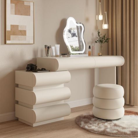 PRICES MAY VARY. 【Perfect Gift】 - This white vanity desk features a solid wood frame structure, graceful lines, and an elegant appearance, paired with a round dressing chair that complements any type of home decor. Undoubtedly, this exquisite dressing table is the best gift for your loved one. 【Abundant Storage Space】 - This makeup dresser is equipped with 5 extra-large drawers and a spacious desktop, which can store your cosmetics, hair straighteners, hair dryers, jewelry, etc. well, keeping ev Round Desk With Storage, Vanity Set Up Ideas Bedroom, Make Up Tables Ideas, Workplace Makeup, Makeup Table Ideas Bedrooms, Makeup Station In Bedroom, Makeup Room Aesthetic, Makeup Area In Bedroom, Vanity Desk Ideas