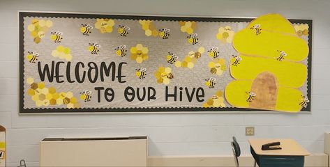 “Welcome to Our Hive” Bee Themed Bulletin Board Bee Hive Bulletin Board Ideas, Bee Hive Bulletin Board, Bee Theme Classroom Ideas, Bee Bulletin Board Ideas, Infant Classroom Decorations, Bee Theme Bulletin Board, Bee Bulletin Boards, Twin Angels, Construction Theme Classroom