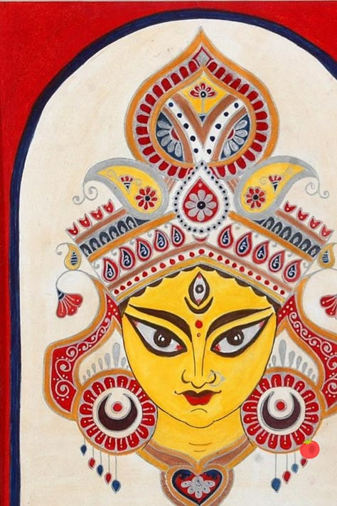 Durga Maa Painting Ideas in Madhubani paintings style -Explore all about Madhubani art of India as a home decor idea for wall decoration, Navratri puja decoration for home, Find origin and styles of Madhubani art here #navratri #mandirdesign #poojaroomideas #mandir #poojaroom #indiangods #indian #homedecor #interiors #positiveenergy #positivevibes #traditional #homeideas #diyhomedecor #roomfruit Madhubani Painting Durga Maa, Madhubani Art Durga Maa, Maa Durga Drawing Painting, Maa Durga Madhubani Painting, Devi Maa Paintings, Mandala Durga Maa, Durga Painting For Kids, Madhubani Durga Painting, Simple Durga Maa Drawing