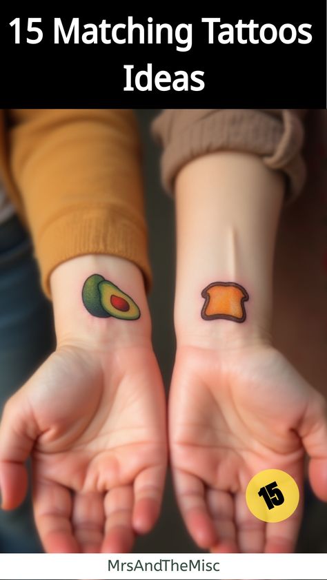 Matching Tattoos Ideas,Friends showing off complementary food tattoos on their wrists Tattoo Small Matching, Matching Tattoos Ideas, Avocado Couple, Matching Tattoo Ideas, Avocado Tattoo, Matching Quotes, Braided Friendship Bracelets, Dynamic Duos, Food Inspired