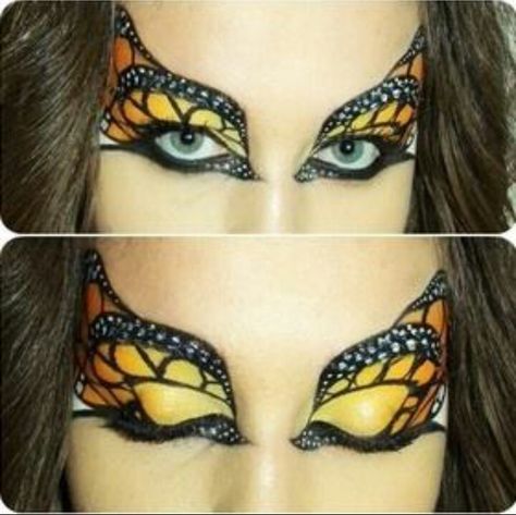 Butterfly makeup-will look GREAT w/the Monarch butterfly costume I have saved in favs Carnaval Make-up, Makeup Zombie, Butterfly Face Paint, Butterfly Eyes, Butterfly Makeup, Halloween Makeup Diy, Butterfly Costume, Butterfly Face, Halloween Eye Makeup