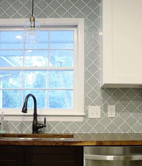 Blue green diamond tile pattern around window. Full wall to ceiling Kitchen Window Backsplash, Backsplash Around Window, Backsplash To Ceiling, Home Depot Kitchen Remodel, White Kitchen Windows, Window Backsplash, Farmhouse Faucet, Backsplash Kitchen Ideas, Backsplash Design