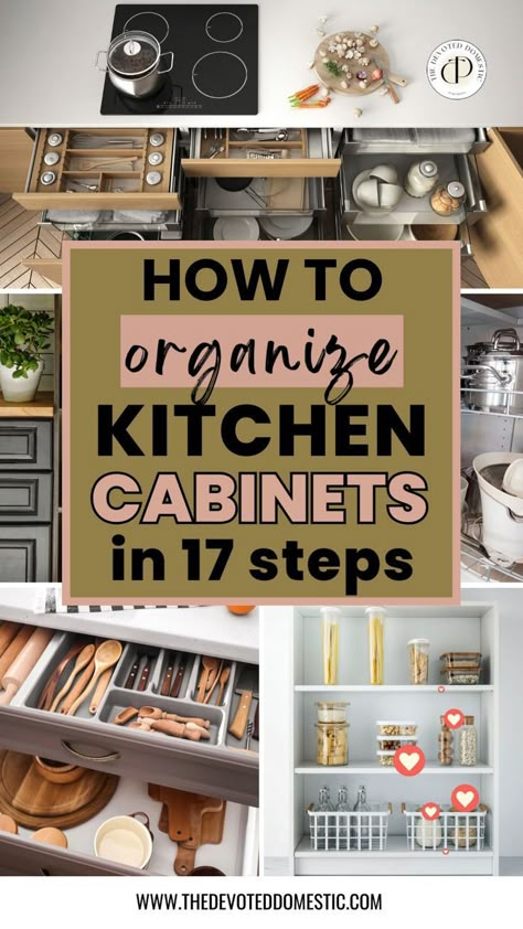 From organizing spices to using all that under shelf space to store mugs, these BRILLIANT kitchen cabinet organization ideas are all on this super useful guide on how to organize kitchen cabinets! These practical steps & low-budget kitchen cabinet storage were handpicked by a pro organizer, who can make even the tiniest of kitchen cabinets work! Organizing Food In Kitchen Cabinets, Kitchen Cabinet Organization Apartment, Kitchen Base Cabinet Organization, Food In Cabinets Storing, Organization Ideas For The Home Kitchen Cabinets Small Spaces, How To Organize Kitchen Drawers Ideas, Utensils Organization Ideas Small Kitchen, Kitchen Cabinet Storage Organization, Organizing Tea Cabinet