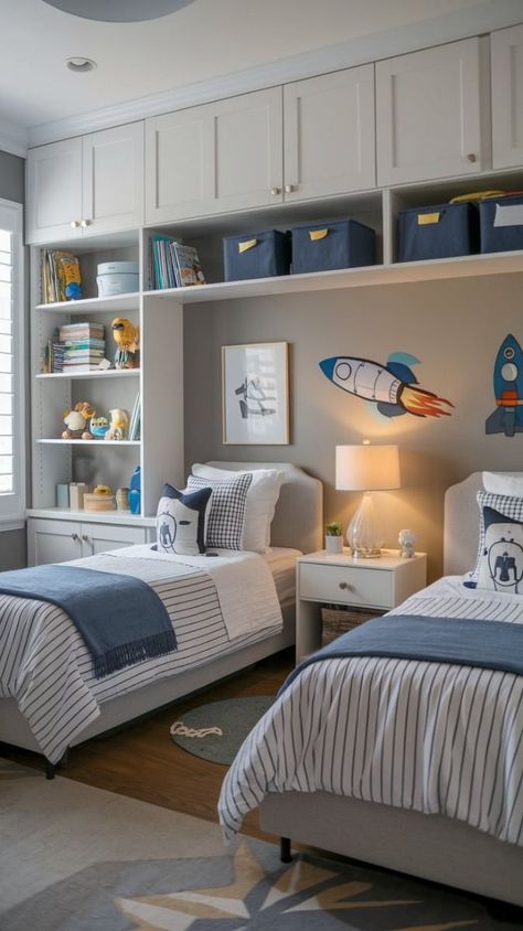 Two Beds Small Bedroom, Boys Room With Two Twin Beds, Double Twin Bed Guest Room Ideas, Boys Room Double Bed, Double Bed In Small Room, Twin Boys Room Ideas Shared Bedrooms, Boys Sharing Room Ideas, Small Bedroom Kids Ideas, Kids Bedroom 2 Beds