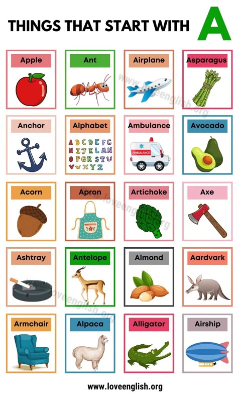 50 Best Things That Start With A In English - Love English A To Z With Pictures, Things Start With Letter A, Things That Start With A, Objects That Start With Letter A, Words Starting With A, Summer Alphabet, Phonics Ideas, Basic Vocabulary, Apple Kindergarten