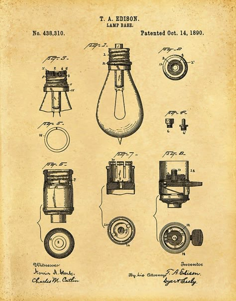 1890 Edison Light Bulb Base Patent invented by Thomas Edison. The patent was issued by the United States Patent Office on October 14, 1890. All patent print pages are restored and digitally enhanced to remove as many flaws as possible while maintaining the integrity of the original document. Patent prints are a wonderful way to own a piece of history and display your favorite inventions on your home or office walls. Select size and color from the drop down menus. Feel free to contact me for a di Thomas Edison Light Bulb, Edison Inventions, Gold Lamp Base, Electrician Gifts, Art Thomas, Patent Art Prints, Edison Light, Edison Lamp, Edison Lighting