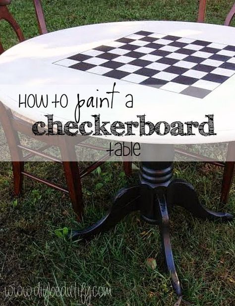 DIY checkerboard table by DIY Beautify  ~ shared at DIY Sunday Showcase Link Party on VMG206 (Saturdays at 5pm CST). #diyshowcase Diy Checkers Table, Checker Table, How To Paint A Checkerboard On A Table, Checker Board Table Diy, Outdoor Chess Board Table, Diy Checkerboard, Painted Game Table, Checkerboard Table, Chess Table