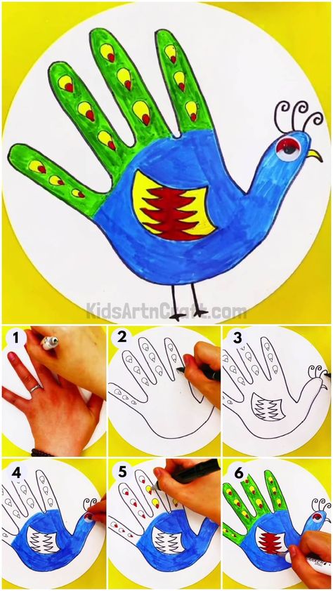 Easy To Make Palm Outline Peacock Craft Tutorial For Kids Check more at https://www.kidsartncraft.com/palm-outline-peacock-craft-tutorial/ Drawing For Ukg Students, Peacock Drawing For Kids, Artwork Tutorial, Hand Outline, Peacock Drawing, Peacock Crafts, Tracing Art, Amazing Facts For Students, Peacock Painting