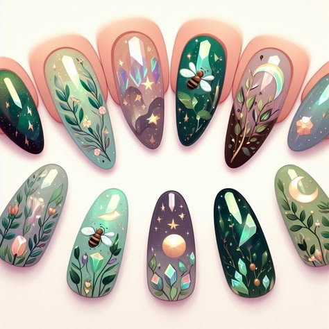 Nature Nail Ideas, Nail Sticker Ideas, Forest Nails, Boho Nails, Witchy Nails, Crazy Nail Art, Fantasy Nails, Spring Acrylic Nails, Vintage Nails