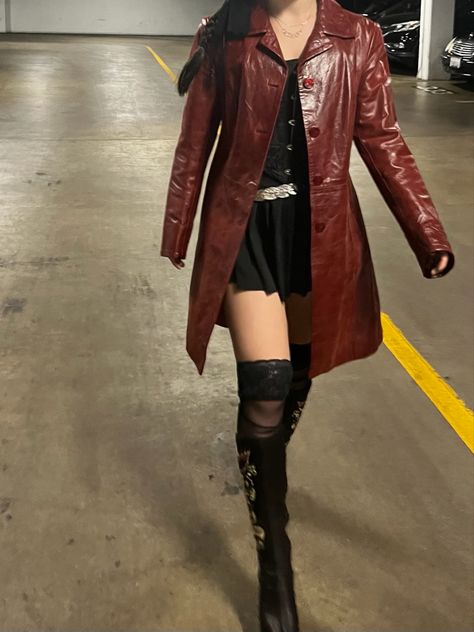 Red Leather Outfit Aesthetic, Woodz Concert Outfit, Black And Red Leather Outfit, Red Grunge Outfit Aesthetic, Red Moto Jacket Outfit, Descendants Outfit Ideas Red, Rammstein Concert Outfit, Black And Red Aesthetic Outfit, Red Leather Boots Outfit