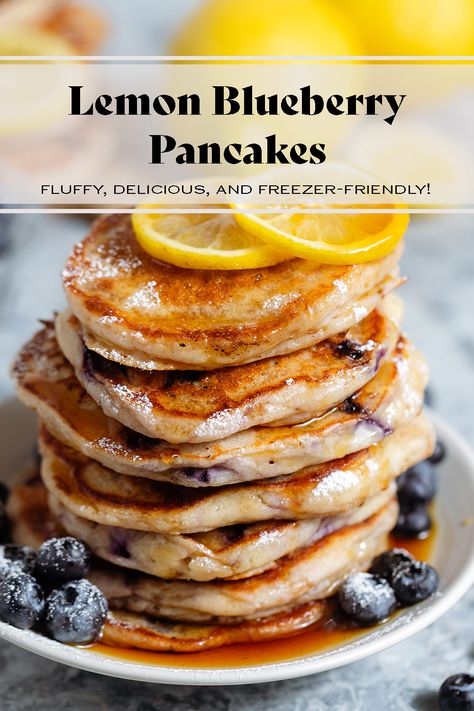 These Lemon Blueberry Pancakes are extra fluffy, light, and bursting with flavor. Blueberries and lemon go perfectly together and the combo truly shine in these pancakes! They're easy to make, perfect for brunch, breakfast, or even dessert, and they're freezer-friendly! Pancake Flavors, Protein Powder Pancakes, Lemon Blueberry Pancakes, Blueberry Buttermilk Pancakes, Spinach Pancakes, Lemon Pancakes, Blueberry Pancakes Recipe, Fruit Pancakes, Pancake Party