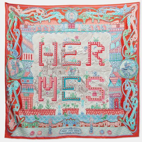 Hermes Multicolor Print Super Silk Quest scarf 90 Nyc Spring, Hermes Silk, Hermes Accessories, 2d Design, Scarf Silk, Hermes Scarf, Red Turquoise, Pink Turquoise, Silk Twill