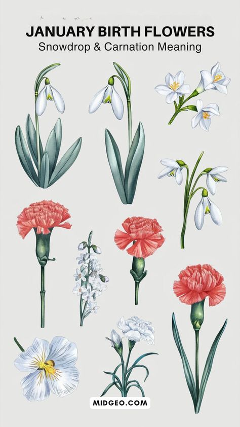 Discover the meaning and symbolism of January birth flowers: Snowdrop and Carnation. Learn about their history, symbolism, and how to use them creatively. January marks the beginning of a new year, a time filled with hope, fresh starts, and aspirations. Reflecting these themes are January's birth flowers—the delicate Snowdrop and the vibrant Carnation. These blossoms not only captivate with their beauty but also carry rich symbolism that resonates deeply with the spirit of the month.
The Snowdrop, with its pristine white petals, symbolizes purity and new beginnings, emerging as one of the first flowers to bloom in winter’s chill. January Birth Flower, September Birth Flower, October Birth Flowers, July Birth Flower, November Birth Flower, March Birth Flowers, June Birth Flower, February Birth Flowers, May Birth Flowers