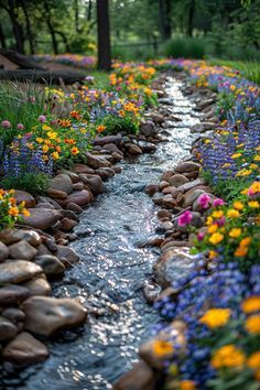 Garden With Stream, Nature Path Aesthetic, Cottage Garden Water Features, Natural Landscape Ideas, Water Stream Aesthetic, Fun Landscaping Ideas, Backyard Creek Ideas, Fairy Garden Landscaping, Garden Stream Ideas