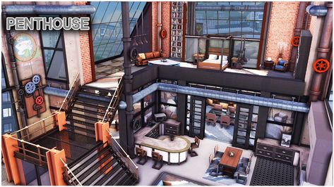 Industrial Home Sims 4, Sims 4 Penthouse Ideas, Fancy Penthouse, Sims 4 Build Ideas, Penthouse Exterior, Industrial Penthouse, Sims 4 Penthouse, Penthouse Building, Sims 4 House Ideas