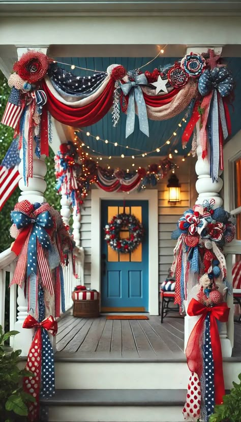 15 Stunning 4th of July Front Porch Decor Ideas You’ll Love 33 4th Of July Front Porch, 4th Of July Front Porch Decor, Vintage Americana Decor, Front Porch Decor Ideas, 4th Of July Parade, Happy Birthday America, July Ideas, Fourth Of July Food, Fourth Of July Decor